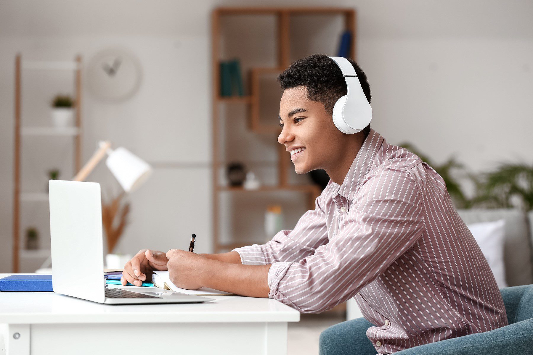 African-American student studying online at home